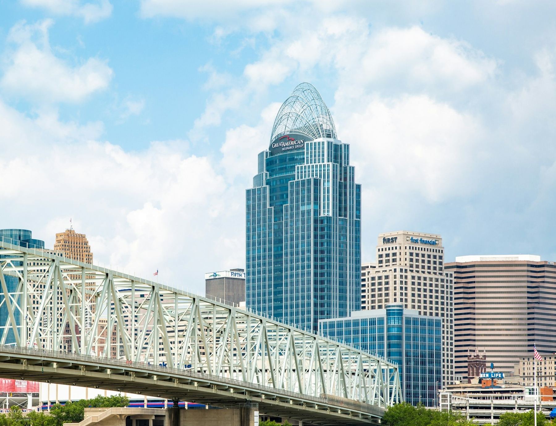 The Cincinnati skyline and a bridge over the Ohio River on a summer day